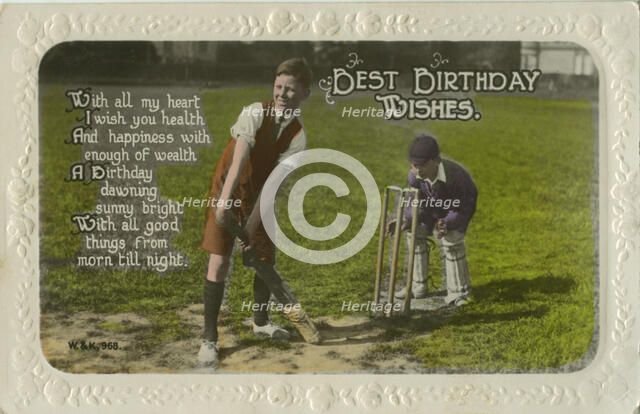 Birthday card featuring two boys playing cricket. Artist: Unknown