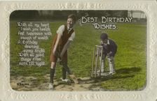 Birthday card featuring two boys playing cricket