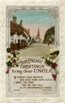 Birthday Greetings to My Dear Uncle birthday card, c1940.Artist: Valentine