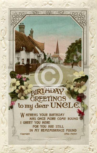 'Birthday Greetings to My Dear Uncle', birthday card, c1940.Artist: Valentine