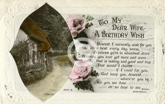 Birthday postcard from a husband to his wife, c1918. Artist: Unknown