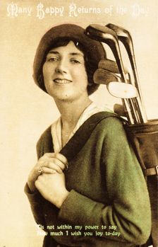 Birthday postcard with a picture of a woman golfer, c1908. Creator: Unknown