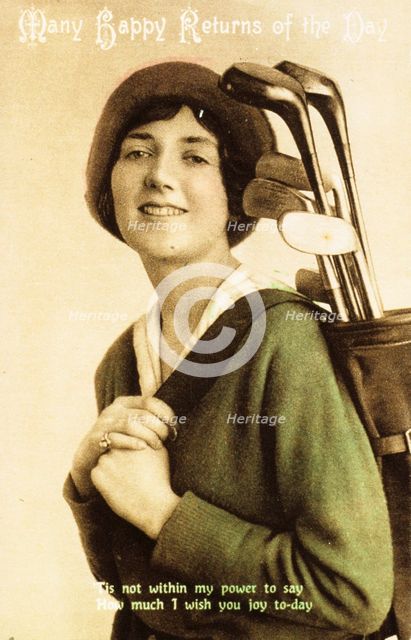 Birthday postcard with a picture of a woman golfer, c1908. Creator: Unknown.