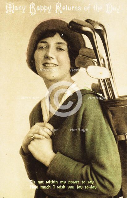 Birthday postcard with a picture of a woman golfer, c1908. Artist: Unknown