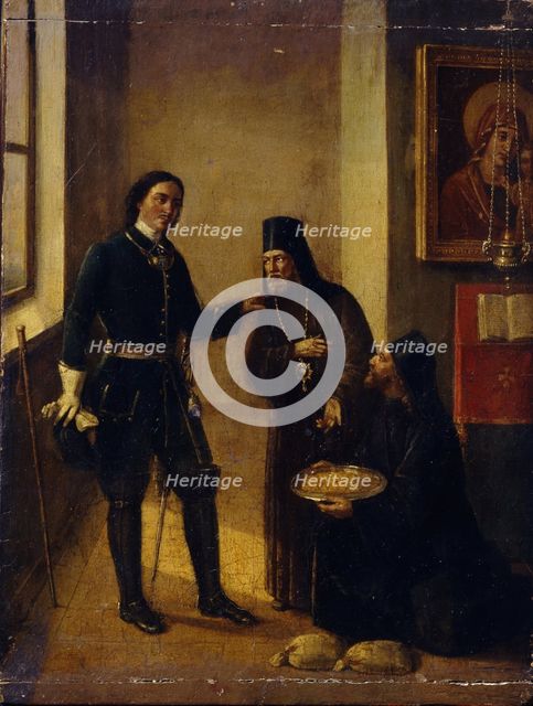 Bishop Mitrophan of Voronezh donating to Peter I for the Azov fleet construction on 1696, 1857. Artist: Terebenev, Mikhail Ivanovich (1795-1864)