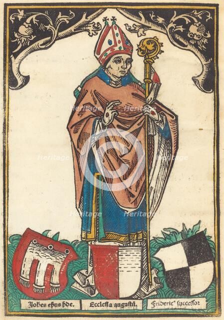 Bishop of Augsburg with Three Coats of Arms, c. 1485. Creator: Unknown.