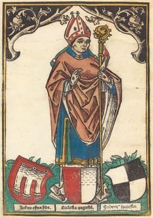 Bishop of Augsburg with Three Coats of Arms, c. 1485. Creator: Unknown