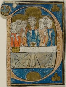 Bishop at Mass in a Historiated Initial "P" from a Choirbook, c. 1300. Creator: Unknown