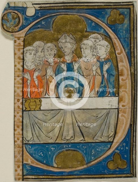 Bishop at Mass in a Historiated Initial "P" from a Choirbook, c. 1300. Creator: Unknown.