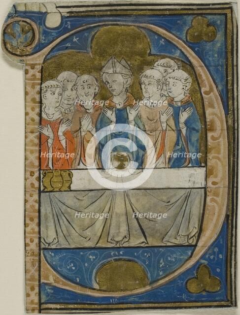 Bishop at Mass in a Historiated Initial "P" from a Choirbook, c. 1300. Creator: Unknown.