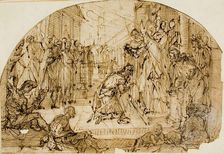 Bishop Blessing a Kneeling Man OR Meeting of Emperor Theodosius and Bishop Ambrose, c. 1600. Creator: Luigi Benfatto