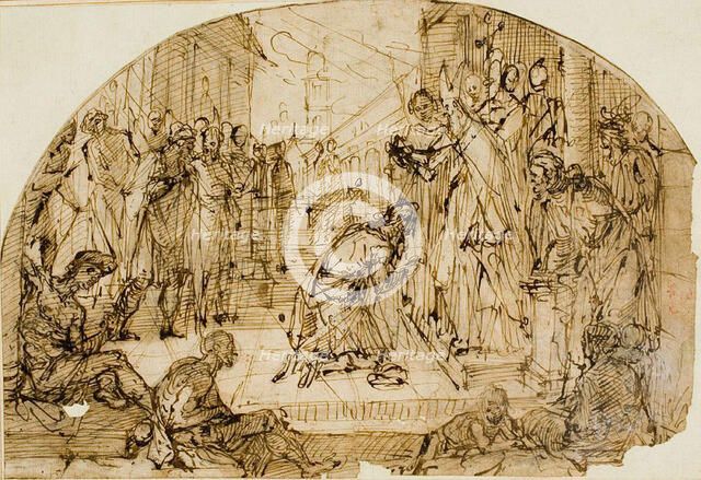 Bishop Blessing a Kneeling Man OR Meeting of Emperor Theodosius and Bishop Ambrose, c. 1600. Creator: Luigi Benfatto.