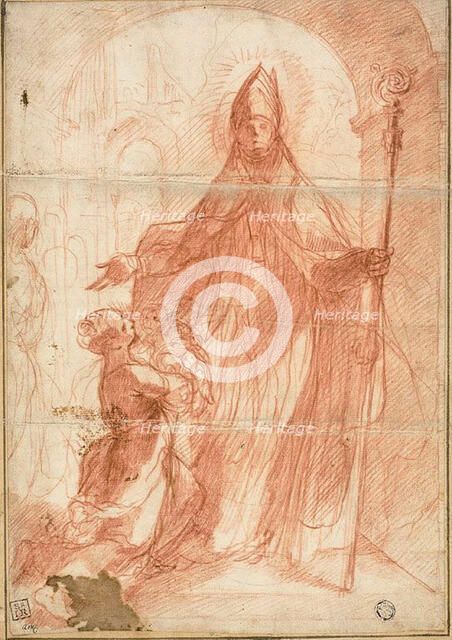 Bishop Saint Blessing a Mother and Child, 1575/1600. Creator: Alessandro Casolani della Torre.