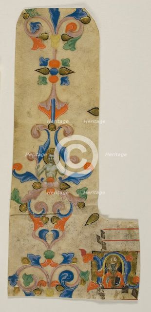 Bishop Saint Zenobius in a Historiated Initial "N" with Decorated Border from a Laudario, c. 1340. Creator: Master of the Dominican Effigies.