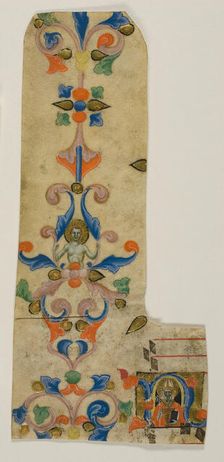 Bishop Saint Zenobius in a Historiated Initial "N" with Decorated Border from a Laudario, c. 1340. Creator: Master of the Dominican Effigies