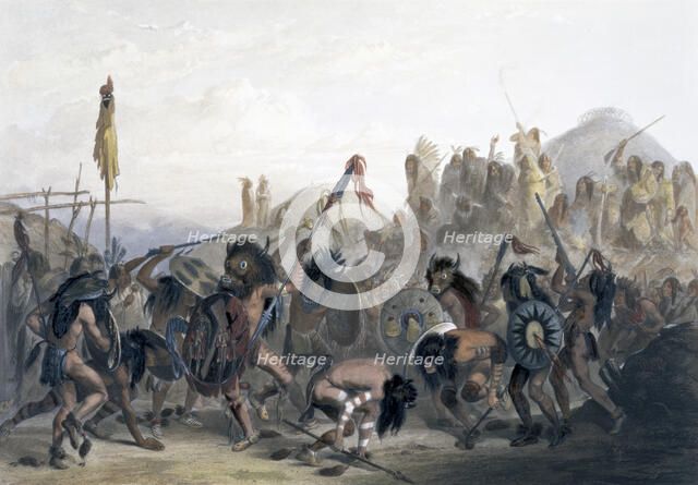 'Bison-Dance of the Mandan Indians in front of their Medicine Lodge in the Mih-Tutta-Hankush', 1843. Creator: Alexandre Manceau.