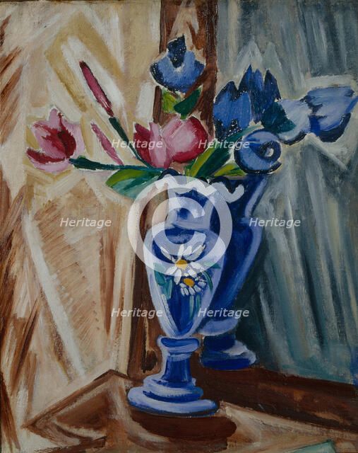Blue Vase with Flowers, 1913. Artist: Rozanova, Olga Vladimirovna (1886-1918)