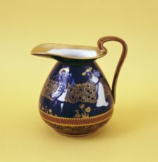 Blue and gold Royal Doulton jug with golfers in 17th century costume, c1910. Creator: Unknown