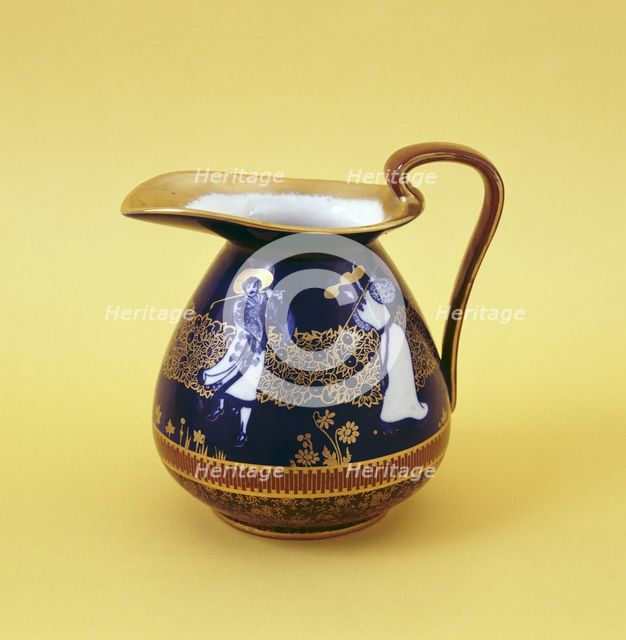 Blue and gold Royal Doulton jug with golfers in 17th century costume, c1910. Creator: Unknown.