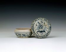 Blue and white covered box with bunch of lotus, Chu Dau kiln, Vietnam, mid 15th century