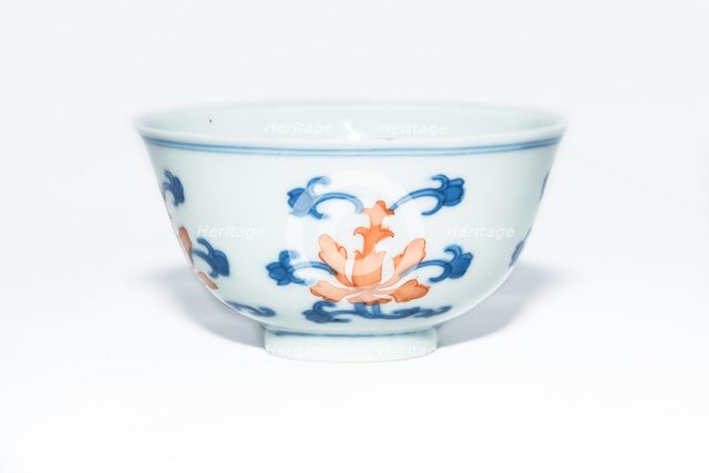 Blue and white cup with red enamel, 1908. Creator: Unknown.