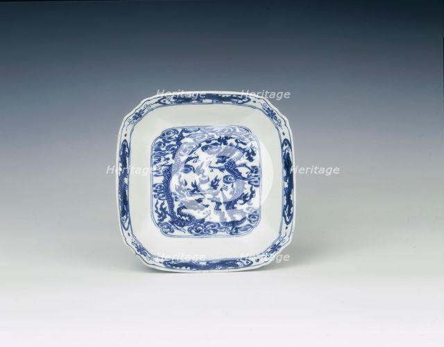 Blue and white dish with dragon design, China, 1683-1700. Creator: Unknown.