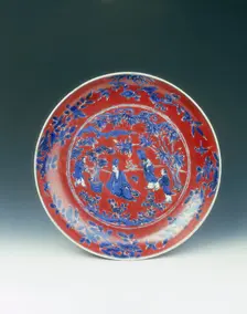 Blue and white dish with red overglaze, China, c1572-c1620. Creator: Unknown