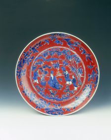 Blue and white dish with red overglaze, China, c1572-c1620. Creator: Unknown
