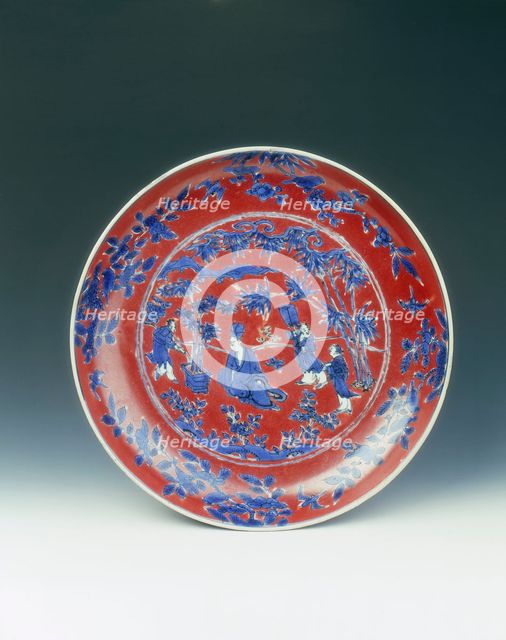 Blue and white dish with red overglaze, China, c1572-c1620. Creator: Unknown.