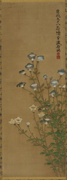 Blue and white flowers on slender stalks, Edo period, 18th-19th century. Creators: Ogata Kenzan, Unknown