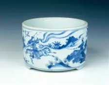 Blue and white incense burner with warriors, Ming dynasty, China, c1630-1644. Creator: Unknown