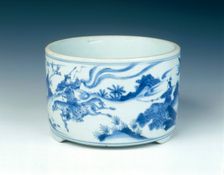 Blue and white incense burner with warriors, Ming dynasty, China, c1630-1644. Creator: Unknown