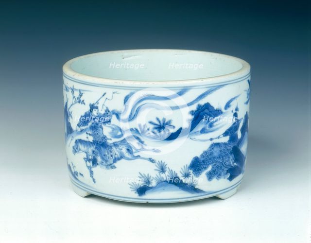 Blue and white incense burner with warriors, Ming dynasty, China, c1630-1644. Creator: Unknown.