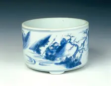 Blue and white incense burner with warriors, Ming dynasty, China, c1630-1644. Creator: Unknown