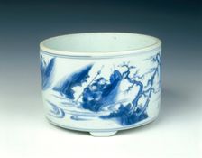 Blue and white incense burner with warriors, Ming dynasty, China, c1630-1644. Creator: Unknown