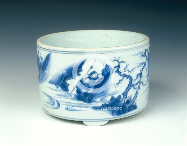 Blue and white incense burner with warriors, Ming dynasty, China, c1630-1644. Creator: Unknown.