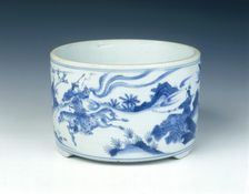 Blue and white incense burner with warriors, Ming dynasty, China, c1630-1644