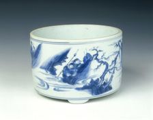 Blue and white incense burner with warriors, Ming dynasty, China, c1630-1644