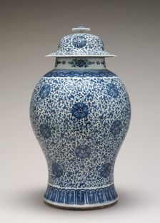 Blue and White Jar with Cover, 18th century. Creator: Unknown
