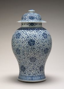 Blue and White Jar with Cover, 18th century. Creator: Unknown