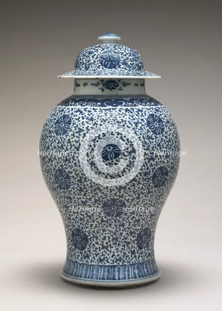 Blue and White Jar with Cover, 18th century. Creator: Unknown.