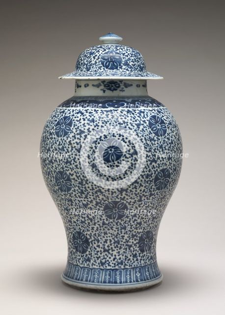 Blue and White Jar with Cover, 18th century. Creator: Unknown.