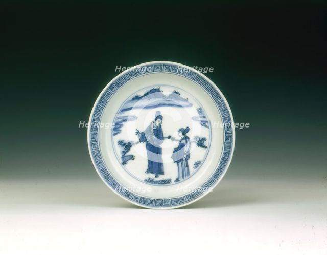 Blue and white saucer with figures in a landscape, China, 1572-1620. Creator: Unknown.