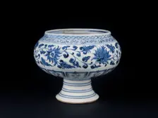 Blue-and-white stem bowl with lotus flowers and mandarin ducks, mid-14th century