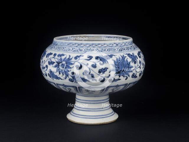 Blue-and-white stem bowl with lotus flowers and mandarin ducks, mid-14th century. Artist: Unknown.
