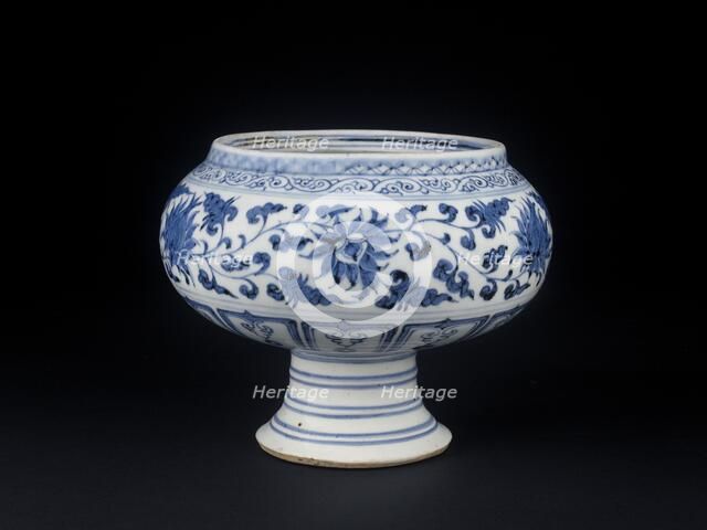 Blue-and-white stem bowl with lotus flowers and mandarin ducks, mid-14th century. Artist: Unknown.