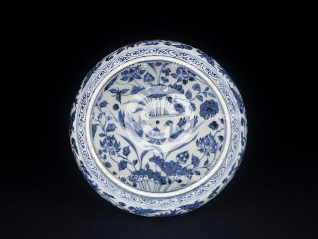 Blue-and-white stem bowl with lotus flowers and mandarin ducks, mid-14th century. Artist: Unknown.