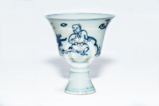 Blue and white stem cup with two scholars in landscape, 2nd half 15th century. Artist: Unknown.