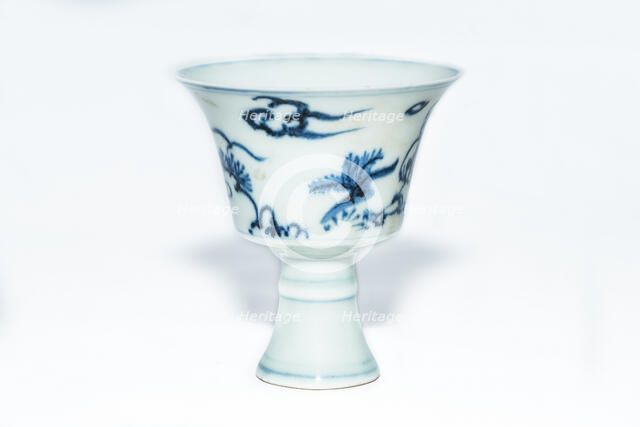 Blue and white stem cup with two scholars in landscape, 2nd half 15th century. Artist: Unknown.