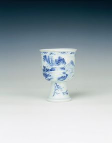 Blue and white stemcup with mountain landscape, China, 1662-1677. Creator: Unknown
